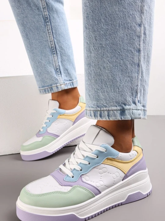 Zdjęcie produktu Biało-Fioletowe Sneakersy Sznurowane na Grubej Podeszwie Ainne