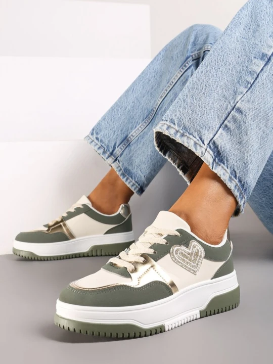 Zdjęcie produktu Zielone Sneakersy z Brokatowym Serduszkiem Asitalla Beżowy