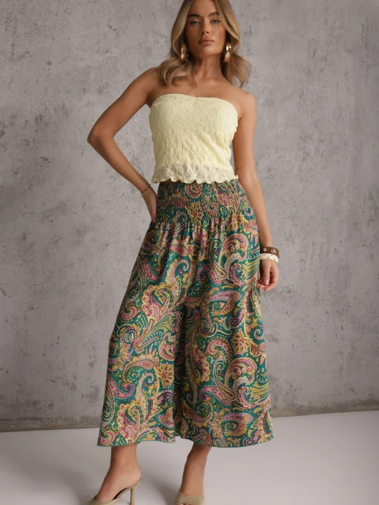 Zdjęcie produktu Zielone Spodnie Culottes z Bawełnianej Tkaniny Ozdobione Wzorem Paisley Gwinamas Defox