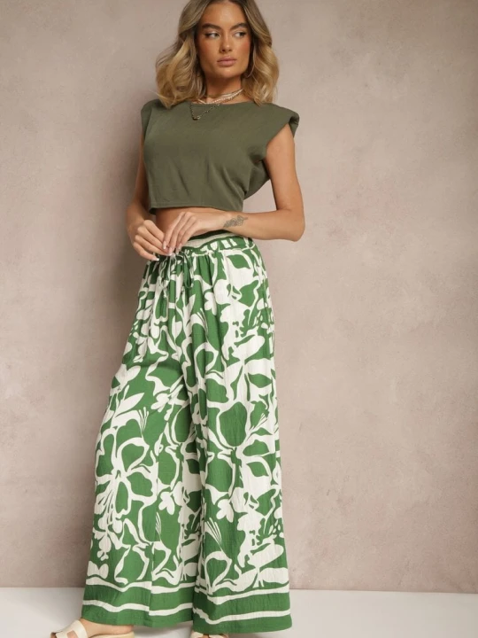 Zdjęcie produktu Zielone Spodnie o Szerokim Kroju High Waist w Kwiaty Nelrive H&s