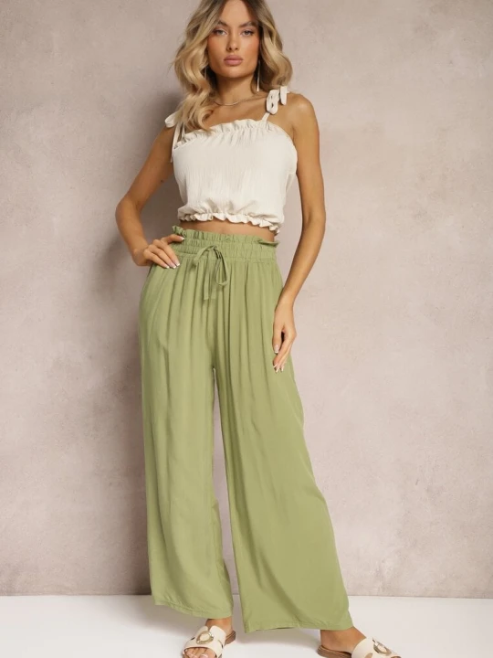 Zdjęcie produktu Zielone Spodnie Palazzo High Waist z Bawełny Wykończone Gumką w Talii Nellsea Airisa