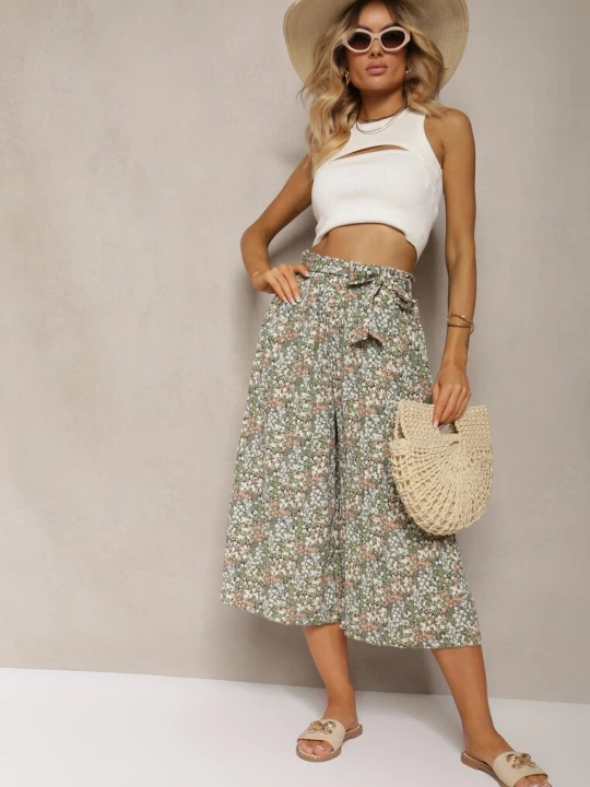 Zdjęcie produktu Zielone Spodnie z Szerokimi Nogawkami High Waist z Bawełną Paskiem i Gumką w Talii Drosofia Airisa