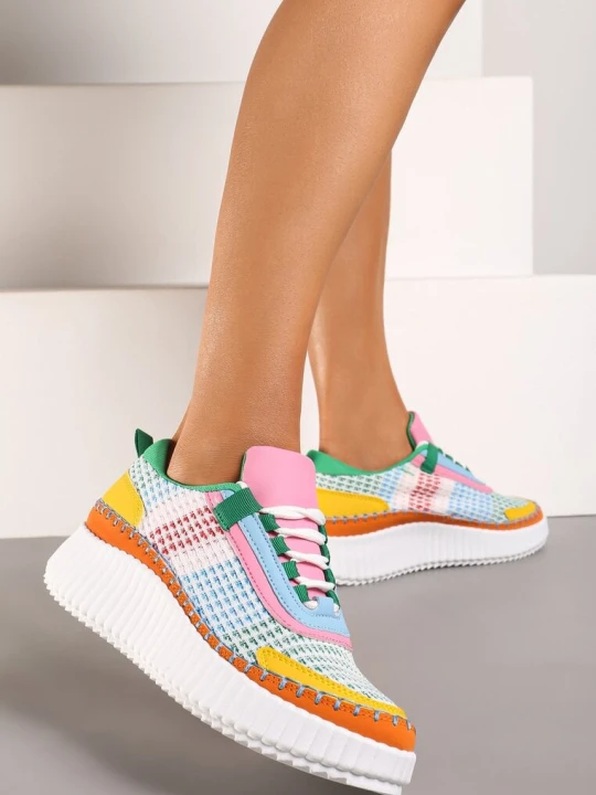 Zdjęcie produktu Zielono-Pomarańczowe Sznurowane Sneakersy na Grubej Podeszwie do Kostki Pasapia