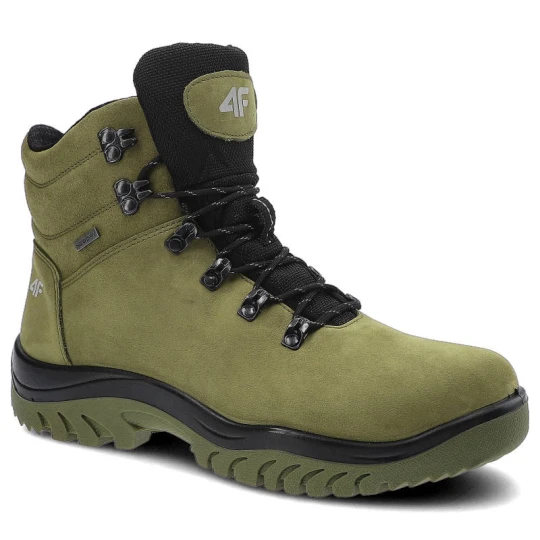 Zdjęcie produktu Trekkingi unisex 4F, cholewka z naturalnej skóry nubuk sznurowanie z metalowymi przelotkami język zintegrowany z cholewką profilowana podeszwa z bież zielony