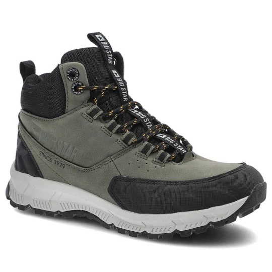 Zdjęcie produktu Trekkingi unisex Big Star, skóra ekologiczna i materiał tekstylny wysoka cholewka sznurowanie wzmocniony nosek i pięta podeszwa z bieżnikiem i amorty zielony