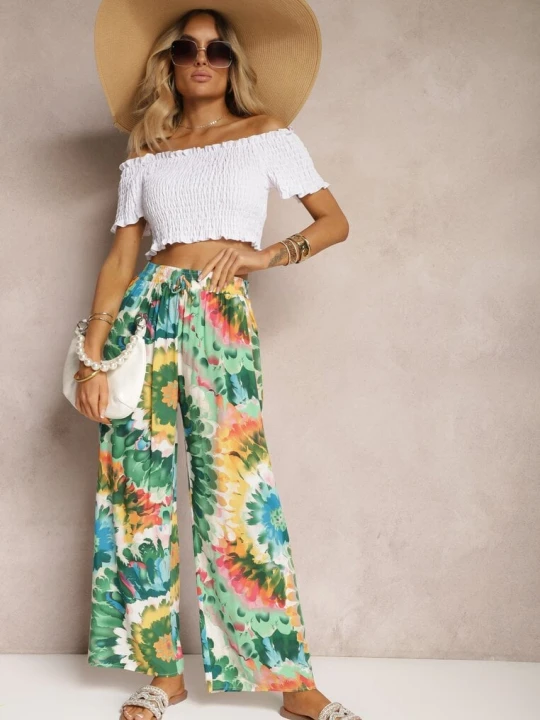 Zdjęcie produktu Zielone Wiskozowe Spodnie o Szerokim Kroju High Waist Tie Dye z Gumką w Talii Nalflea R&f Fashion