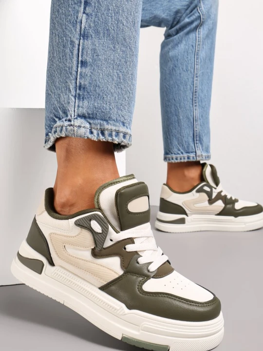 Zdjęcie produktu Zieloneo-Białe Sneakersy Ozdobione Wstawkami i Perforacją z Imitacji Skóry Cressia Szixth June Beżowy