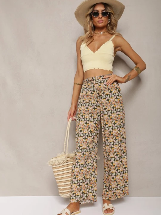 Zdjęcie produktu Zielono-Beżowe Wiskozowe Spodnie High Waist Szerokie z Gumką w Pasie i Kieszeniami Aizha J.stars