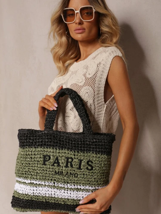 Zdjęcie produktu Zielono-Czarna Pleciona Torebka w Stylu Boho Ozdobiona Napisem Oegelia