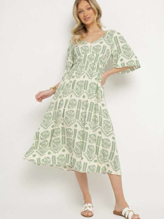 Zdjęcie produktu Zielono-Kremowa Sukienka Wiskozowa Rozkloszowana z Odkrytymi Plecami w Print Boho Turaisa H&s