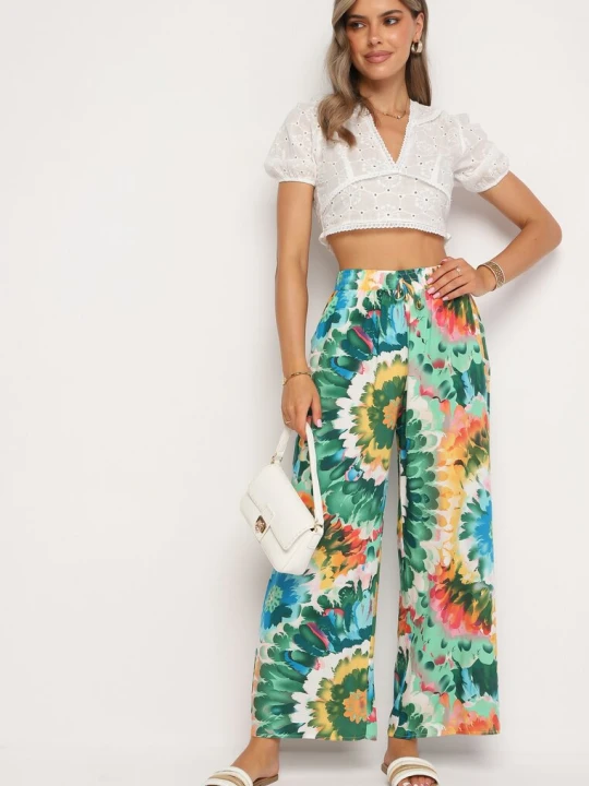 Zdjęcie produktu Zielono-Niebieskie Szerokie Spodnie z Wiskozą i Wysokim Stanem ze Wzorem Tie-Dye i Gumką w Pasie Halflea R&f Fashion