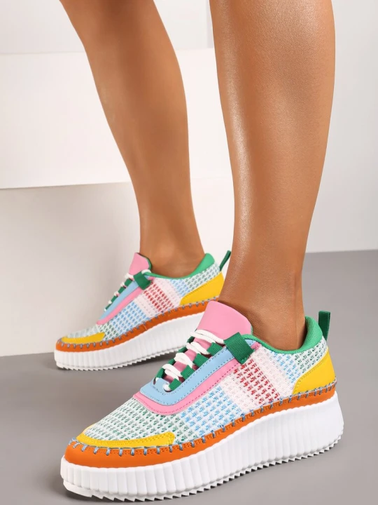 Zdjęcie produktu Zielono-Pomarańczowe Sneakersy do Kostki na Platformie ze Sznurowaniami Fropia