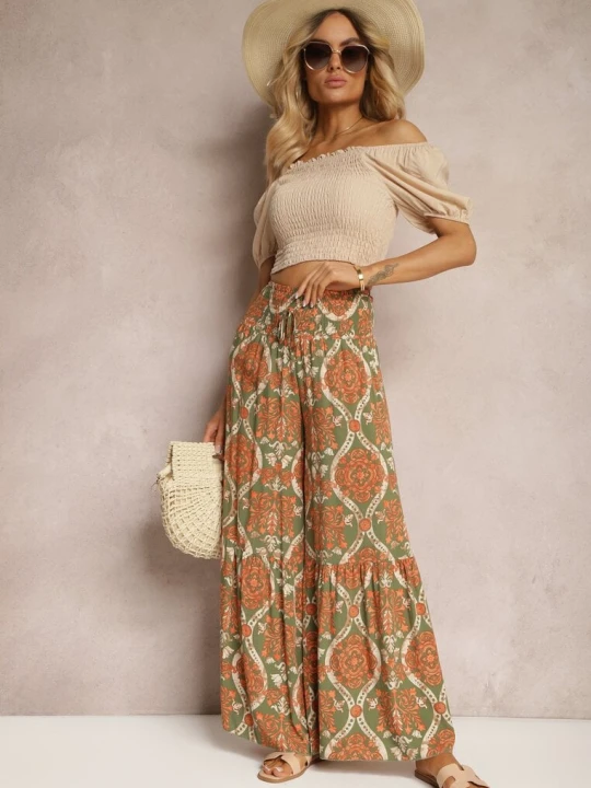 Zdjęcie produktu Zielono-Pomarańczowe Spodnie Szerokie z Wiskozy w Ornamentalny Wzór High Waist Cramelia Rosita