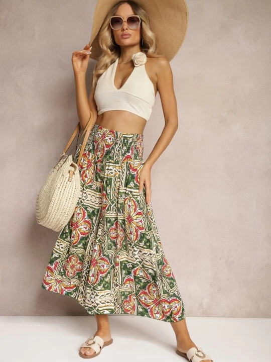 Zdjęcie produktu Zielono-Różowe Spodnie Kuloty z Bawełny High Waist z Gumką w Pasie Palovia Defox
