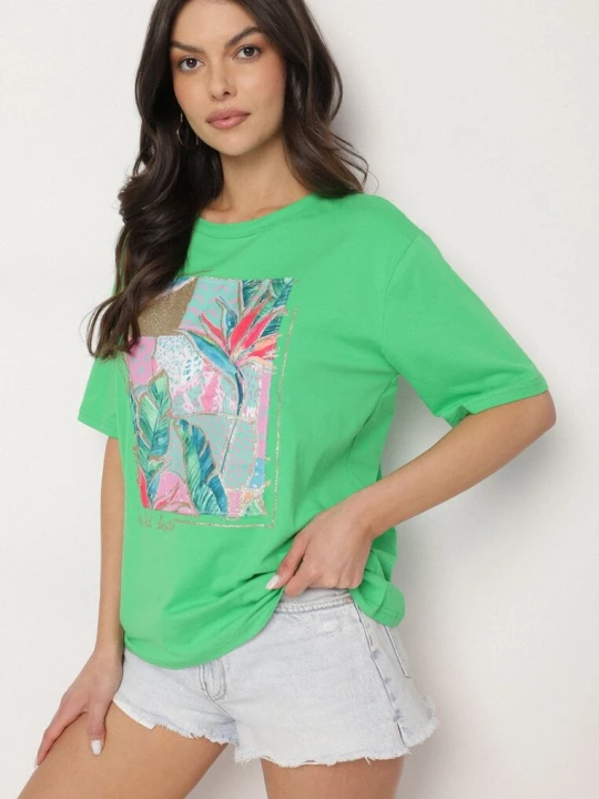 Zdjęcie produktu Zielony Bawełniany T-shirt z Ozdobnym Nadrukiem Delmari Glo-story