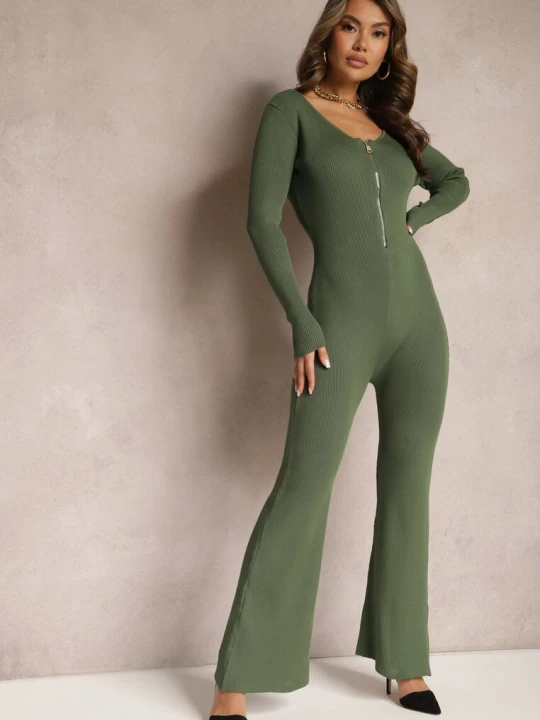 Zdjęcie produktu Zielony Kombinezon Bodycon z Prążkowanej Wiskozy ze Spodniami Typu Dzwony i Suwakiem Lavirna Elsa.m By May