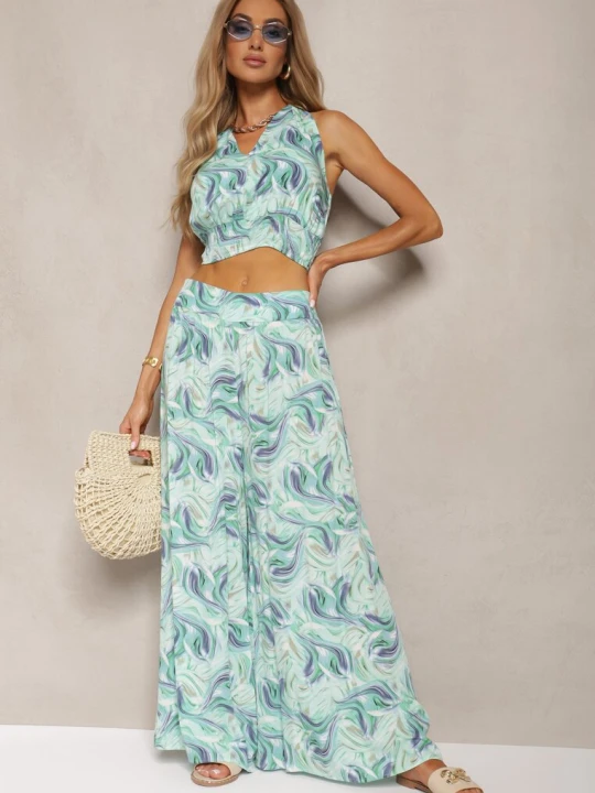Zdjęcie produktu Zielony Komplet Boho z Bawełny Krótki Top na Ramiączkach z Gumką Szerokie Spodnie Rasida