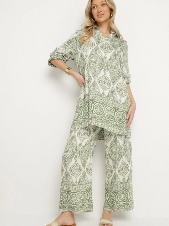 Zdjęcie produktu Zielony Komplet Oversize z Wiskozą w Etniczny Wzór Szerokie Spodnie i Koszula Nilamiella M&d Fashion