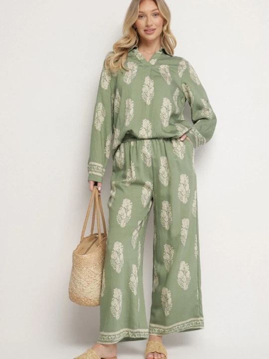 Zdjęcie produktu Zielony Komplet w Stylu Boho Oversize Długa Koszula i Luźne Spodnie Meppina M&d Fashion