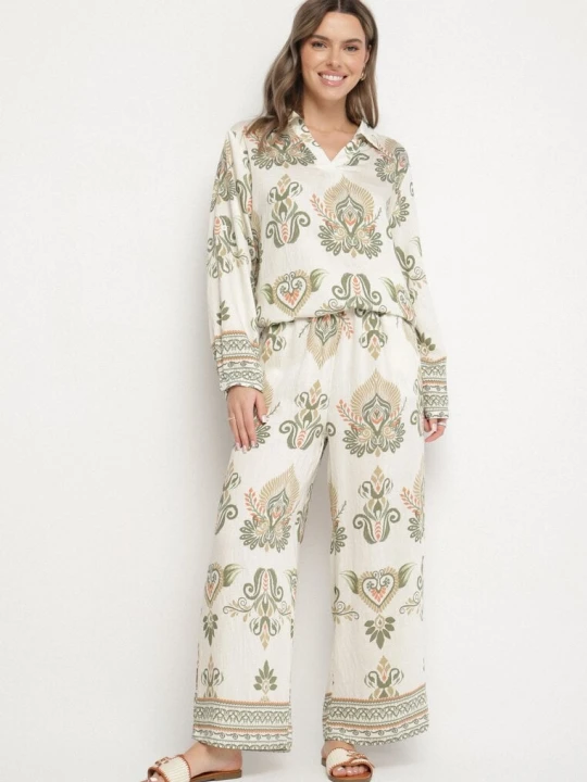 Zdjęcie produktu Zielony Komplet z Wiskozą Bluzka i Szerokie Spodnie Rinelissa M&d Fashion