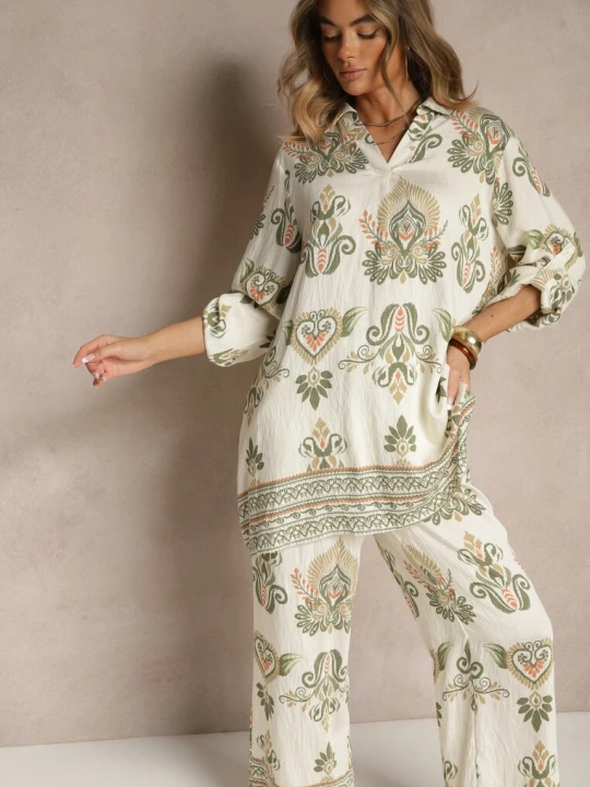 Zdjęcie produktu Zielony Komplet z Wiskozą Szerokie Spodnie i Bluzka w Stylu Boho Rinadora M&d Fashion