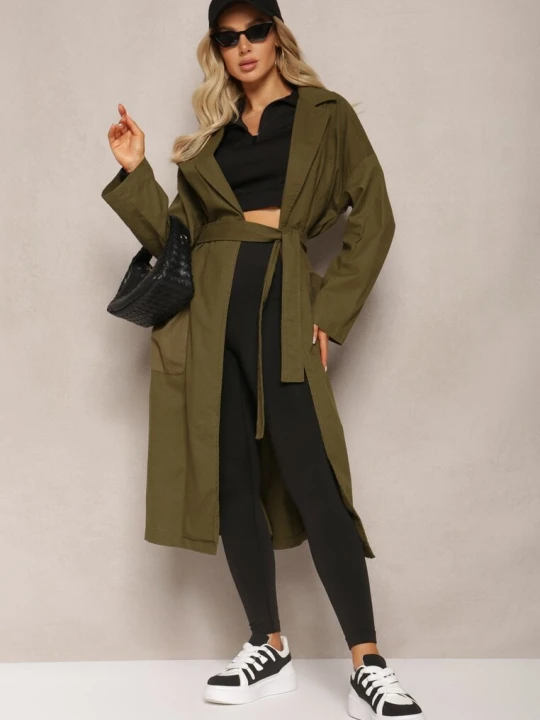 Zdjęcie produktu Zielony Płaszcz z Wiązanym Paskiem Oversize Terethia Ann Gissy