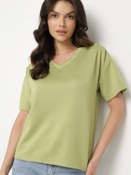 Zdjęcie produktu Zielony T-shirt z Trójkątnym Dekoltem Foniriela Glo-story