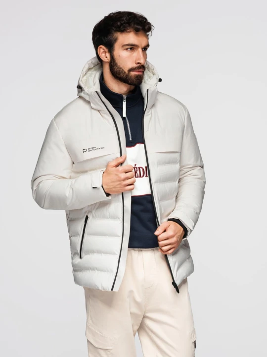 Zdjęcie produktu Zimowa kurtka męska z odpinanym kapturem - kremowa V2 - Rozmiar: XL Ombre Clothing kremowy