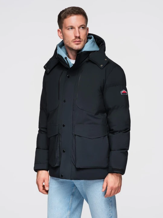 Zdjęcie produktu Zimowa kurtka męska z odpinanym kapturem z wodoodpornego materiału - czarna V3 - Rozmiar: XL Ombre Clothing