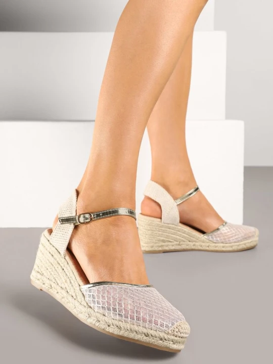 Zdjęcie produktu Złote Sandały Espadryle na Koturnie z Plecionki z Siateczką Meranisea Vera Blum