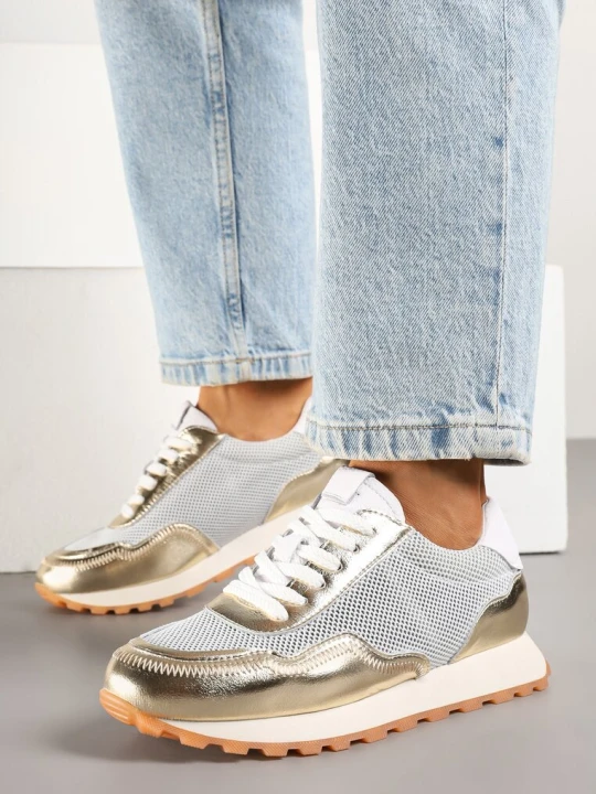 Zdjęcie produktu Złote Skórzane Sneakersy z Geometrycznym Wzorem Rivoiti Cambell
