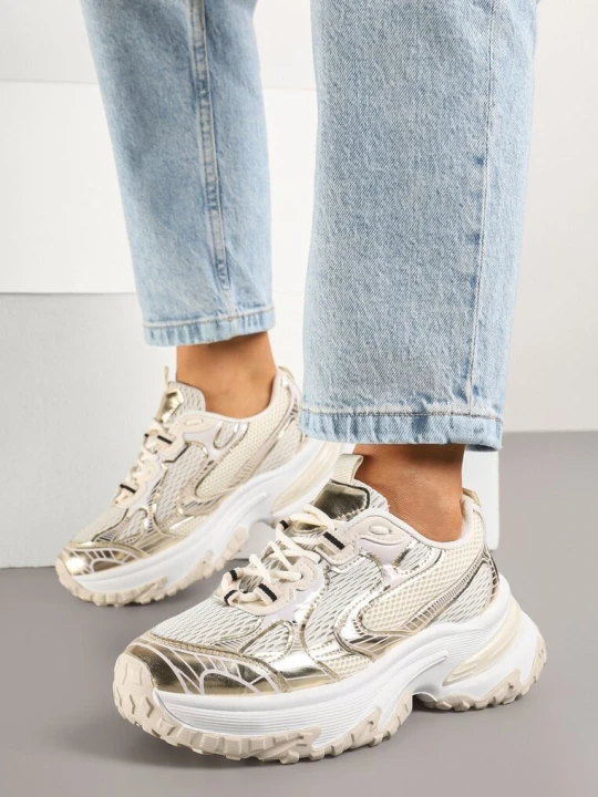 Zdjęcie produktu Złote Sneakersy na Grubej Podeszwie Ozdobione Geometrycznym Motywem Mevillia Smallawan