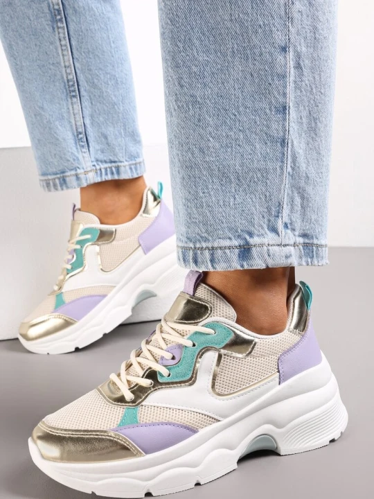 Zdjęcie produktu Beżowo-Złote Sneakersy na Grubej Podeszwie ze Wstawkami z Perforacją Lanya