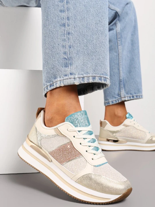 Zdjęcie produktu Złote Sneakersy Ozdobione Brokatem i Kolorowymi Wstawkami Veradis