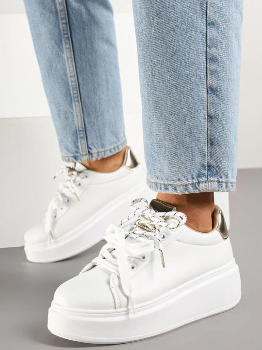Zdjęcie produktu Biało-Złote Sneakersy Ozdobione Podwójnym Wiązaniem Zdivane Renda