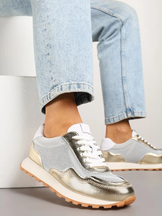 Zdjęcie produktu Złote Sneakersy Skórzane Ozdobione Geometrycznym Motywem Wibessa Cambell