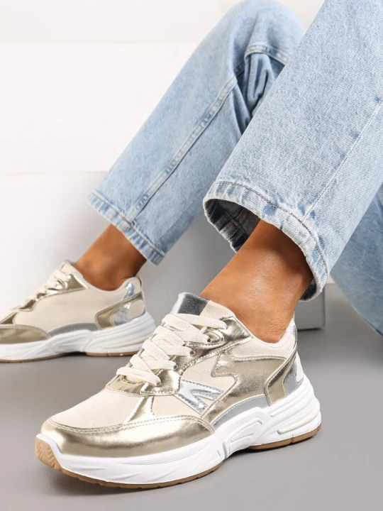 Zdjęcie produktu Złote Sneakersy Sznurowane Ozdobione Wstawkami z Materiału Eanfla