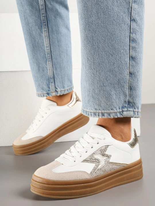 Zdjęcie produktu Złoto-Białe Sneakersy na Kauczukowej Podeszwie z Geometrycznym Wzorem Tolionne Be.Sport