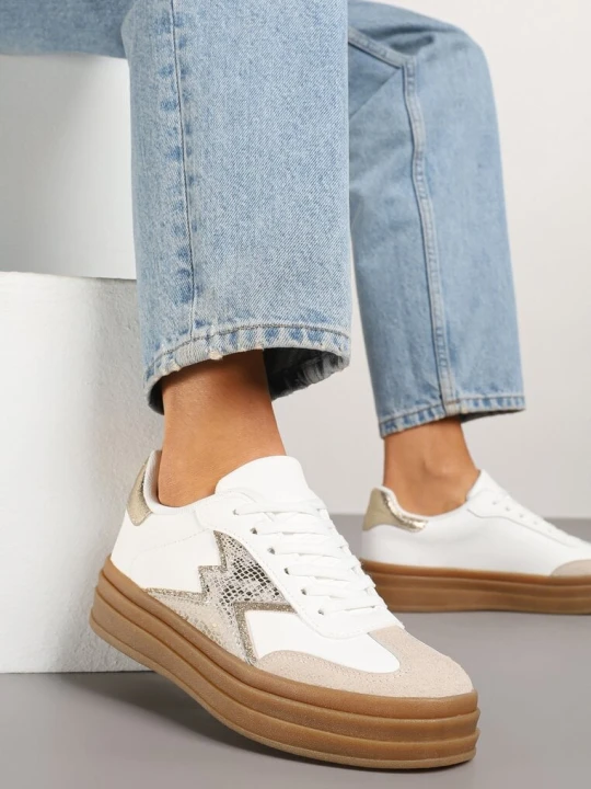 Zdjęcie produktu Złoto-Białe Sneakersy w Stylu Tenisówek Ozdobione Geometrycznym Wzorem Tolivanna Be.Sport