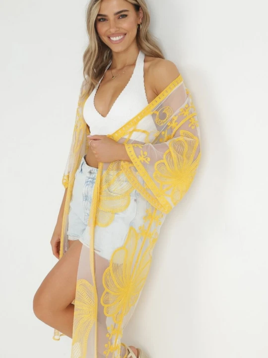 Zdjęcie produktu Żółta Narzutka z Haftowanej Siateczki z Szerokimi Rękawami Shwe R&f Fashion
