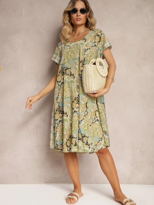 Zdjęcie produktu Żółta Sukienka Boho z Wiskozy z Cienkim Paskiem w Talii Rivasea Cflo