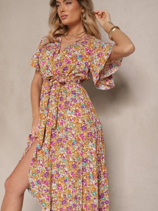 Zdjęcie produktu Żółta Sukienka z Plisami w Kwiecisty Print o Rozkloszowanym Kroju Lanelin Defox