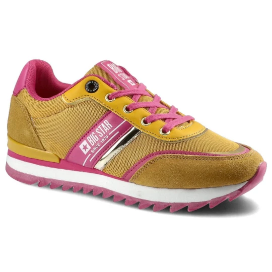 Zdjęcie produktu Sneakersy damskie Big Star, naturalna skóra zamszowa w połączeniu z elementami syntetycznymi z klasycznym sznurowaniem kontrastowymi wstawkami oraz g żółty
