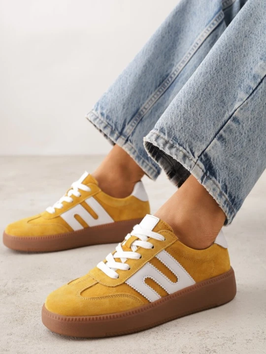 Zdjęcie produktu Żółte Sneakersy Skórzane w Stylu Tenisówek z Geometrycznym Wzorem Eshiryla Santorio