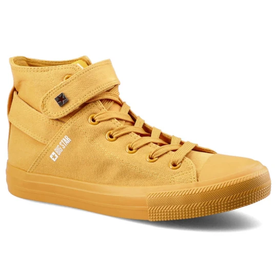 Zdjęcie produktu Trampki damskie Big Star, materiałowa cholewka ze sznurowaniem zakończonym paskiem z rzepem na płaskiej podeszwie, żółte, FF274581