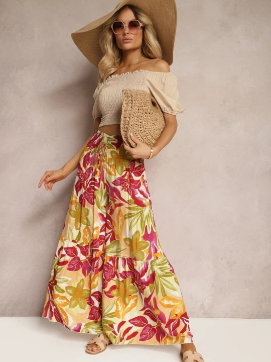 Zdjęcie produktu Żółto-Różowe Spodnie High Waist z Wiskozy Typu Palazzo z Gumkami w Talii Haestria Cflo