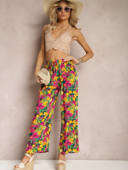 Zdjęcie produktu Żółto-Różowe Wiskozowe Spodnie z Prostą Nogawką High Waist w Kwiatowy Wzór Zaranima J.stars