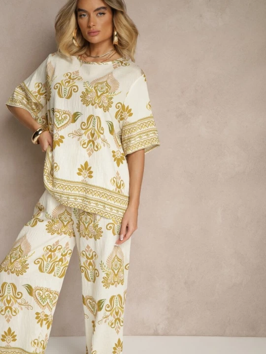 Zdjęcie produktu Żółty Wiskozowy Komplet w Orientalny Print Szerokie Spodnie i T-shirt Pollialia J&x
