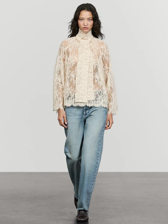 Zdjęcie produktu Zwiewna Koronkowa Bluzka Z Wiązaniem - Beżowy - Massimo Dutti - Female