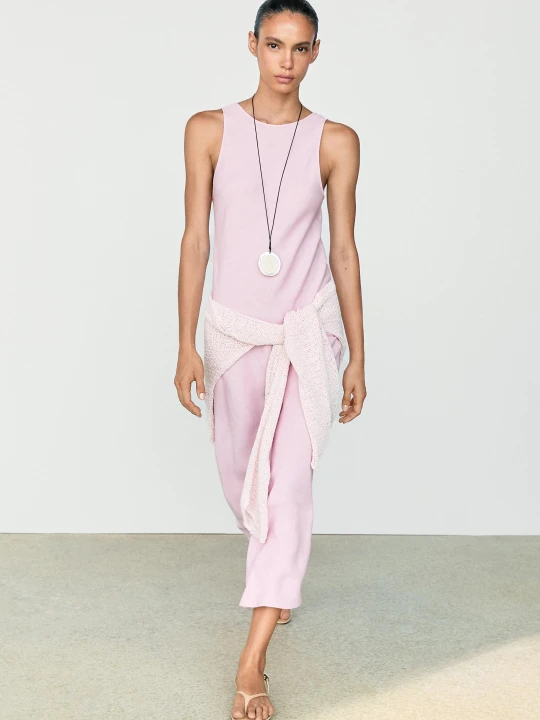 Zdjęcie produktu Zwiewna Lniana Sukienka Midi - Roż Past - Massimo Dutti - Female